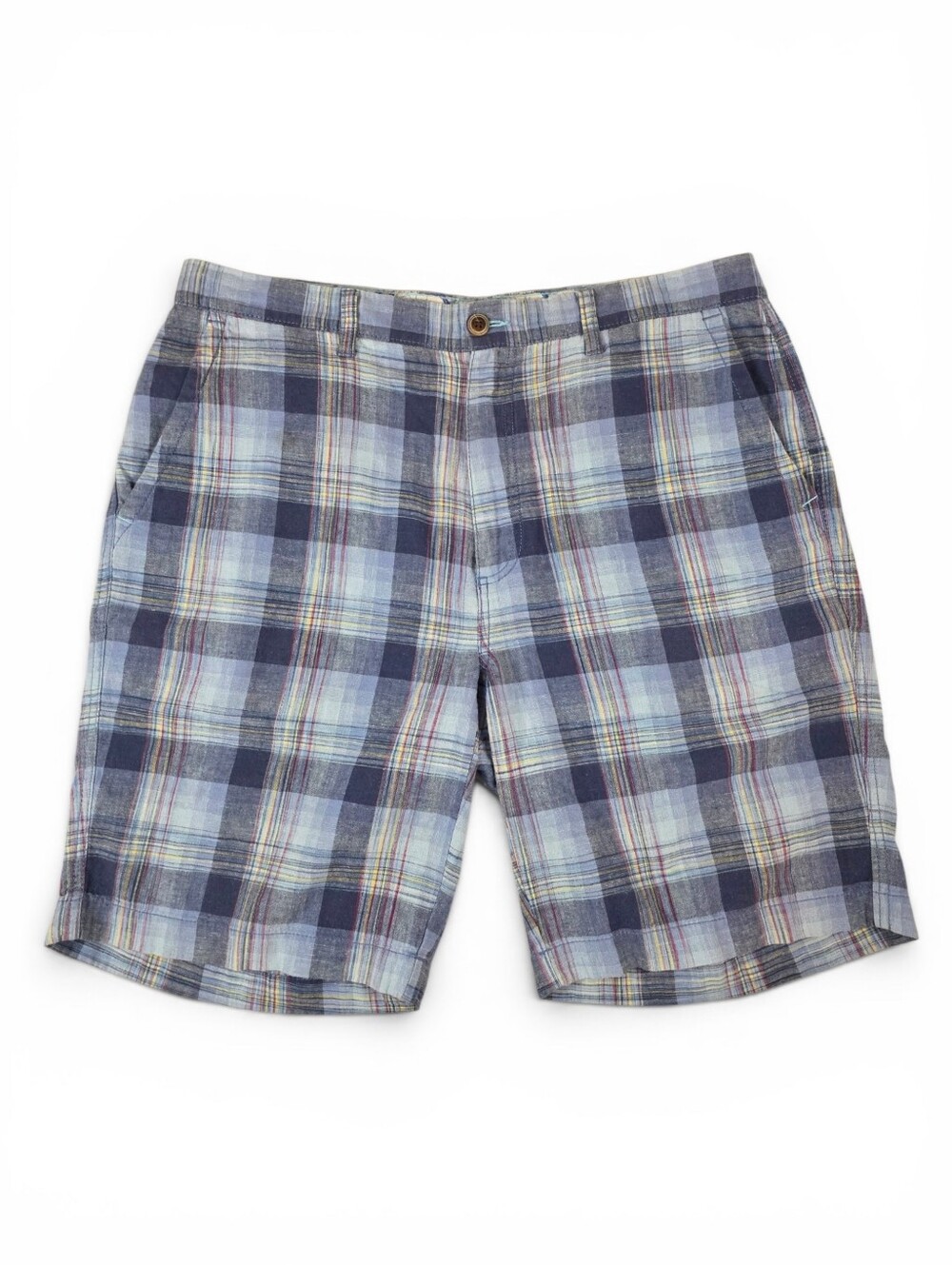 Linen Cotton Madras Plaid Flat Front Shorts Blue Men's Size 38 Resort Vacation